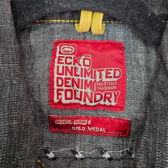 ECKO 1972 Unlimited Denim Jean Jacket Mens Large Black Leather Logo Embroidered - Picture 3 of 15